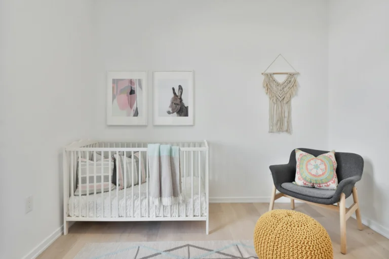 A child's room with a crib